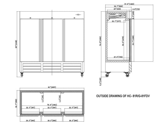 81'' wide Three Door Refrigerator 63 Cu.ft 3 Solid Door ETL Sanitation APPROVED